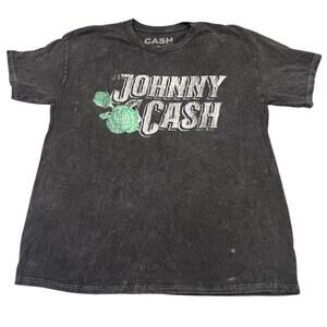 Johnny Cash Black Faded Distressed Short Sleeve T-shirt Outlaw Cowboy Hat Sz L